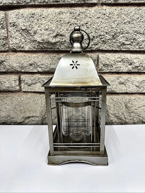 Vintage-Style Silver Metal Candle Lantern with Glass Hurricane Insert – Floral C